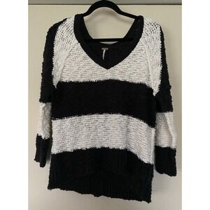 Free People V-Neck Cotton Tunic Chunky Knit Sweater Black & White Stripes XS